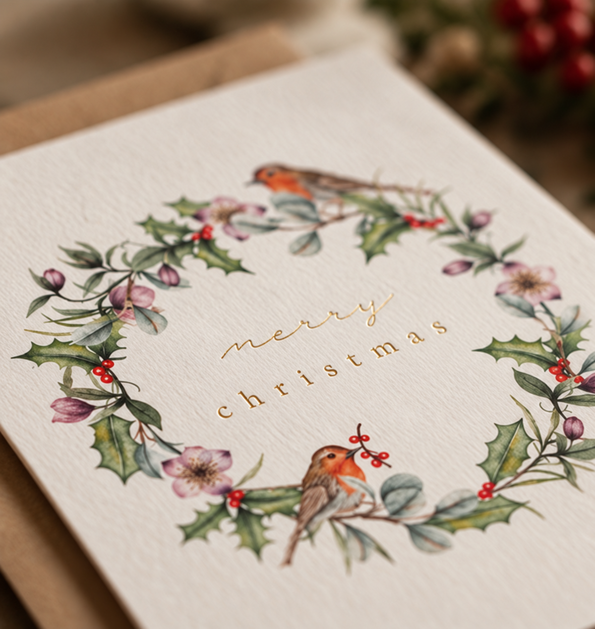 Robin Wreath Christmas Card - Gold Foiled