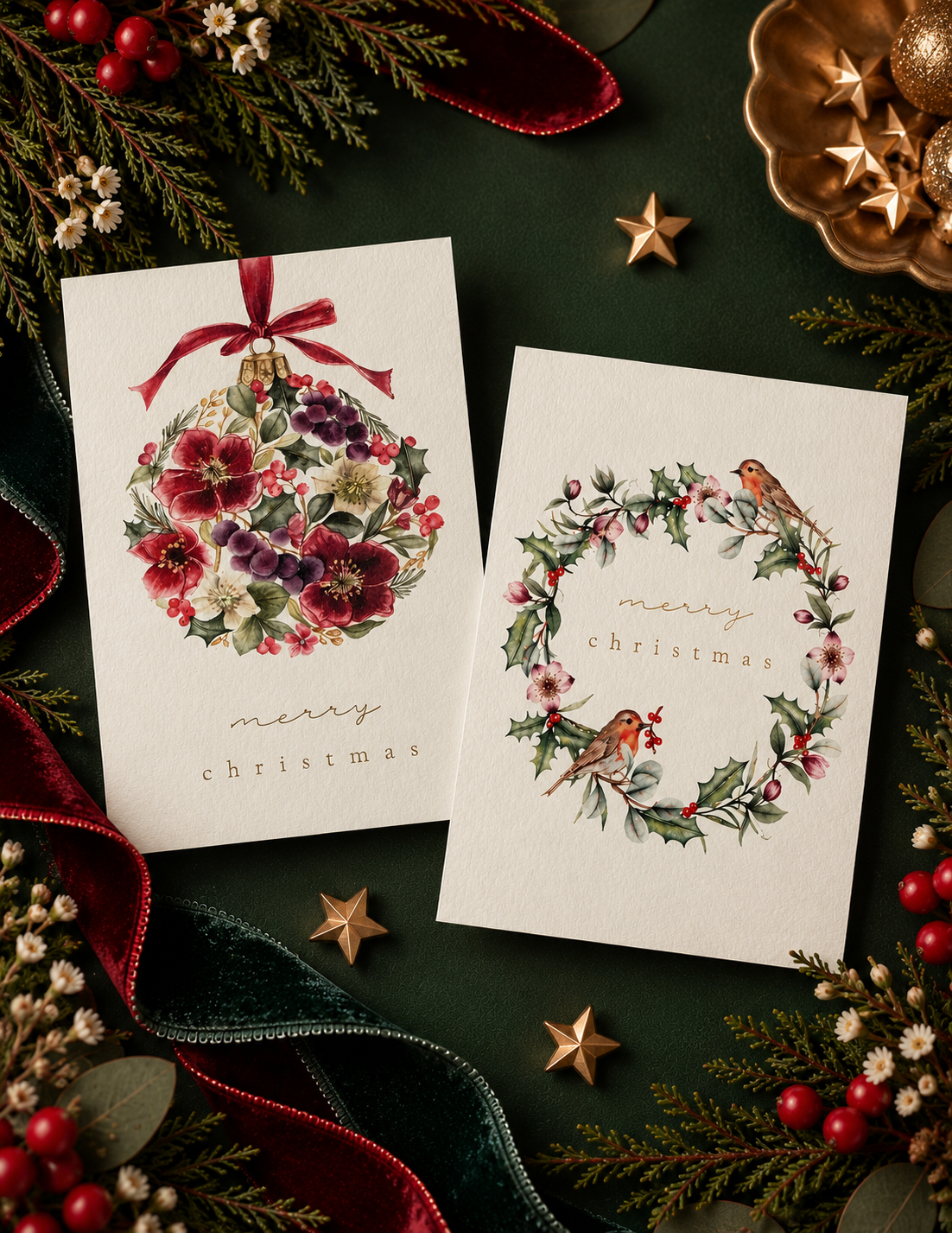 Robin Wreath Christmas Card - Gold Foiled
