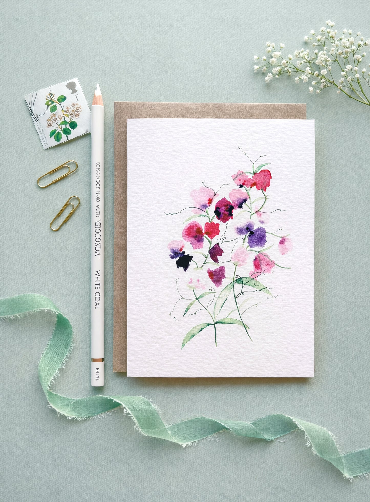 Sweet Peas Botanical Watercolour Greetings Card