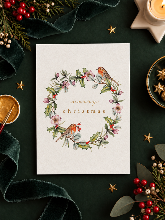 Robin Wreath Christmas Card - Gold Foiled