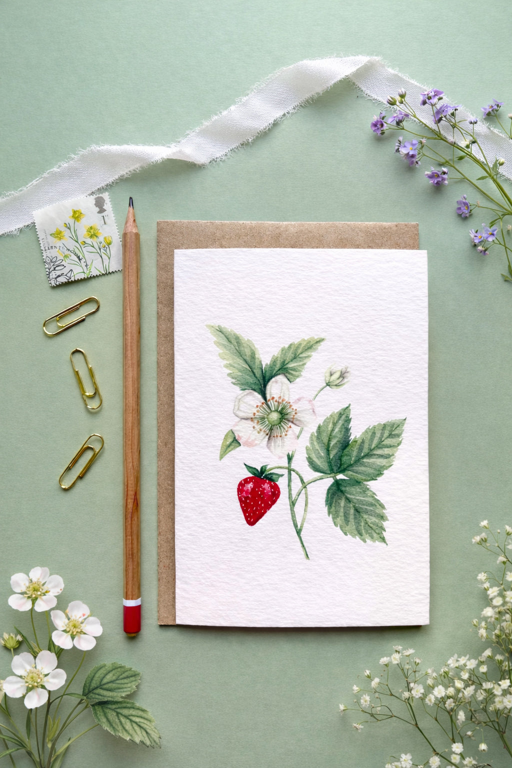 Strawberry Plant Watercolour Greetings Card