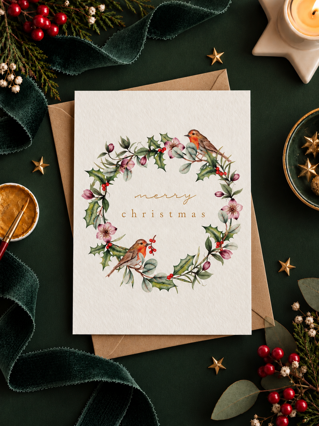 Robin Wreath Christmas Card - Gold Foiled